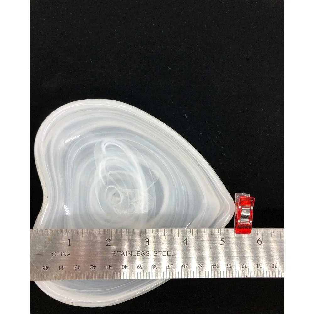 White Swirl Alabaster Glass Heart Trinket Dish Etched Skull Crossbones Decor